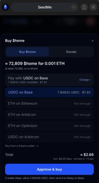 A screenshot of a Seeckle app interface showing "Buy Shome" with 72,809 SHOME priced at 0.001 ETH, displaying USDC on Base balance of 7.80532 USDC ($7.81) and a Total of $2.60.
