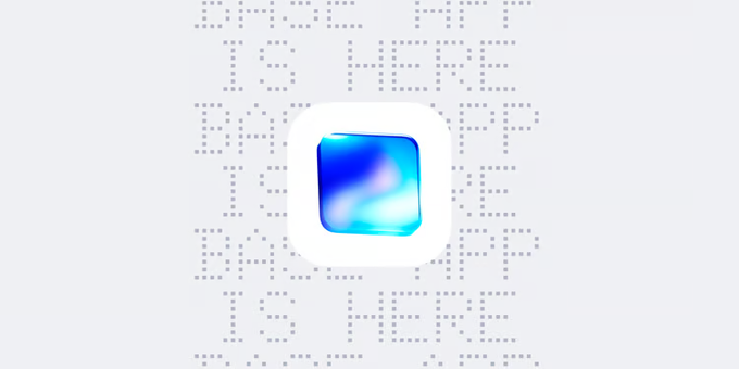 A glossy blue gradient app icon centered on a light gray background with the word 'THINK' rendered in a subtle dot-matrix pattern.