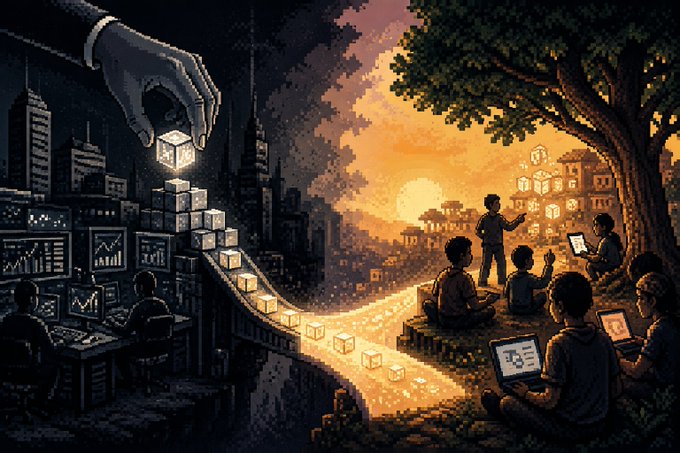A pixel art illustration contrasting a dark surveillance city on the left with a bright sunset scene where people gather under a tree using digital devices.