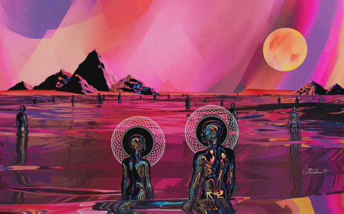 A vibrant, surreal digital artwork depicts figures with glowing halos standing in a reflective landscape under a large pink moon.