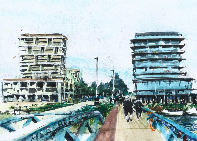 A watercolor painting depicting a cityscape with two large modern buildings flanking a walkway where pedestrians stroll.