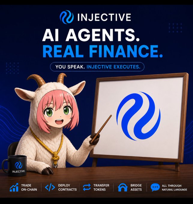 The image is a promotional graphic for Injective featuring a pink-haired anime-style mascot in a goat costume pointing at the Injective logo on a whiteboard, with the tagline "AI AGENTS. REAL FINANCE. YOU SPEAK. INJECTIVE EXECUTES." and icons at the bottom showing capabilities like trading on-chain, deploying contracts, transferring tokens, and bridging assets. The post highlights how Injective's AI agent lets users interact with blockchain through natural language, removing the need to manually construct transactions or understand protocol-level details.