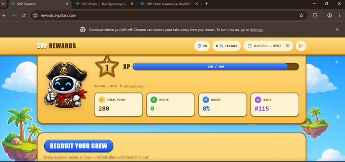 A screenshot of the SVP Rewards website (rewards.svpstars.com) on Testnet, displaying a pirate mascot, XP progress bar at 288/300, 280 Total Points, 0 Invites, 0% Boost, and Rank #115, with a 'Recruit Your Crew' section below.