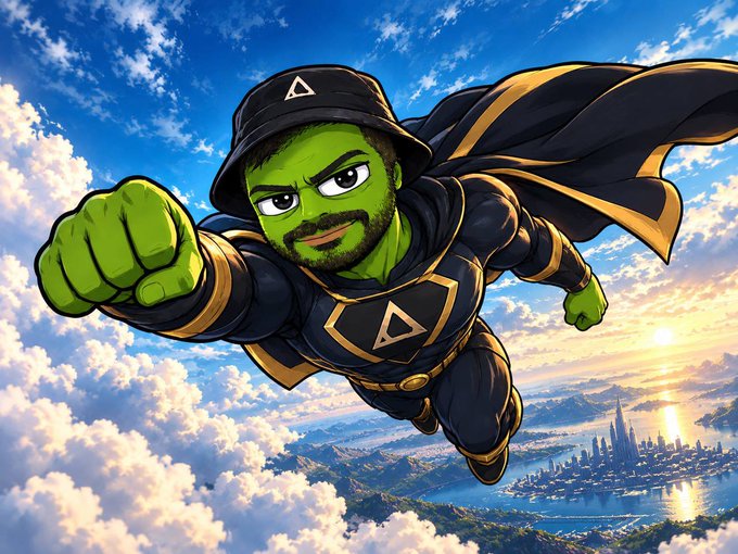 A cartoon superhero character with green skin, a beard, and a black and gold costume with a triangle emblem, flying through cloudy skies with a city and sunset visible in the background.