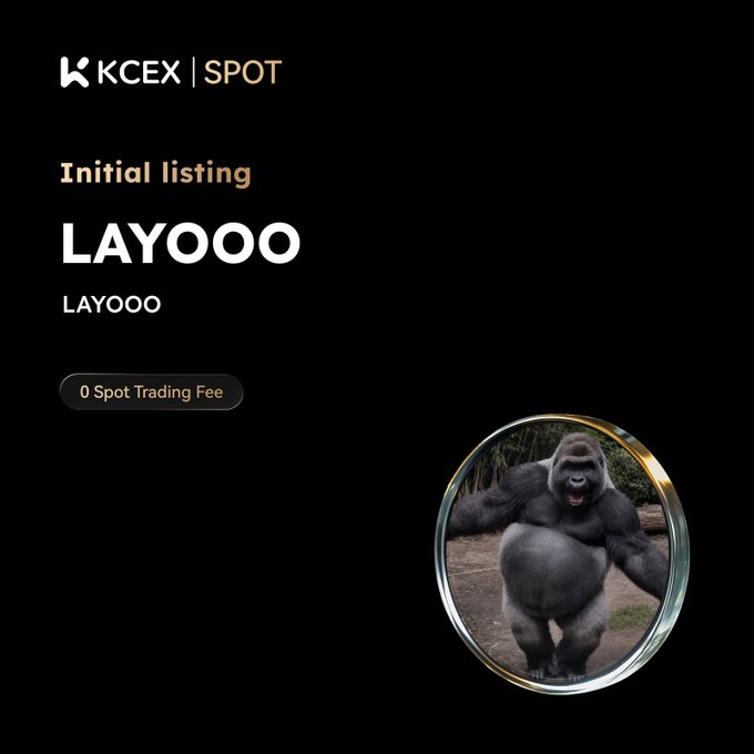 A cryptocurrency exchange announcement on a black background showing the initial spot listing of 'LAYOOO' token on KCEX with 0 spot trading fee and an image of a silverback gorilla in a circular frame.