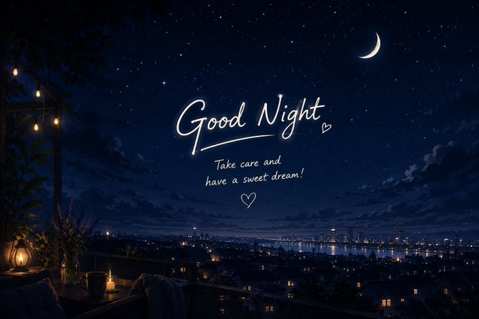 A serene night scene features a starry sky with a crescent moon over a city skyline, with the text "Good Night - Take care and have a sweet dream!" written in elegant script. The image's peaceful, restful atmosphere complements the post's message of leaving worries behind and looking forward to a fresh start tomorrow.