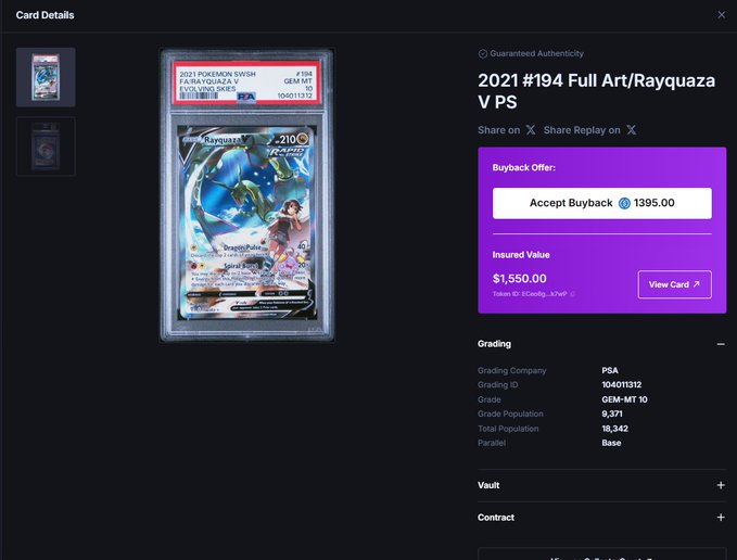 A PSA Gem Mint 10 graded 2021 Pokémon #194 Full Art Rayquaza V card is displayed with an insured value of $1,550.00 and a buyback offer of 1,395.00, showcasing a valuable pull from a $250 pack.