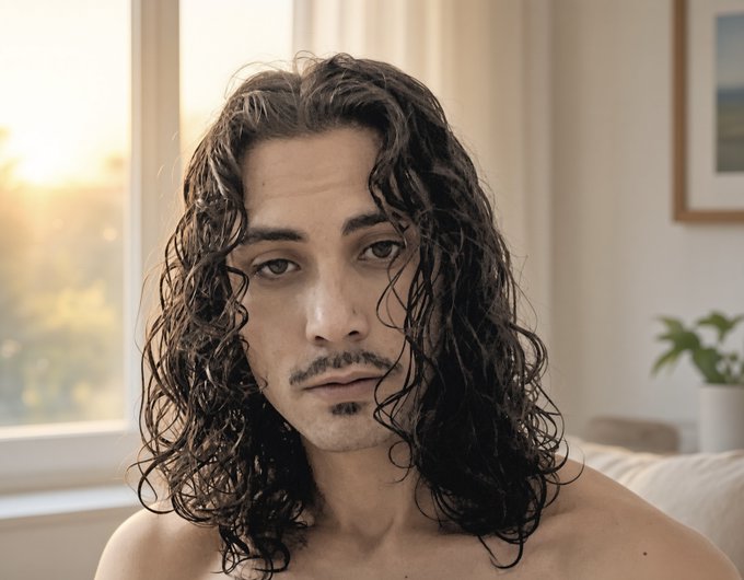 A close-up portrait of a man with long, curly dark hair, a mustache, and a goatee, looking directly at the camera in a softly lit room with a window and a framed picture in the background.