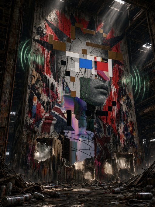 A digital artwork showing a distressed face and pixelated elements in an abandoned industrial setting with debris scattered on the floor.
