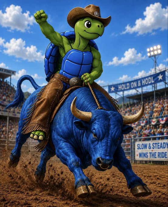 A digital illustration of a green, muscular cartoon turtle wearing a cowboy hat and a blue shell, riding a bucking blue bull in a rodeo arena with banners reading 'HOLD ON & HODL' and 'SLOW & STEADY WINS THE RIDE'.