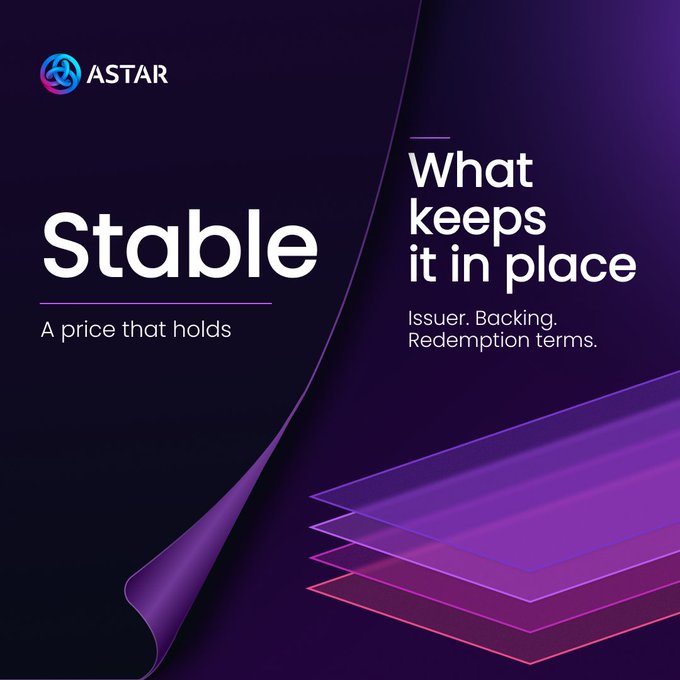 An ASTAR-branded graphic with a dark purple background features the bold white headline "Stable" tagged "A price that holds," alongside the secondary text "What keeps it in place — Issuer. Backing. Redemption terms." The accompanying post explains that "stable" only describes the pegged price of a crypto asset, not the mechanism behind it, while the image highlights the three structural elements (issuer, backing, and redemption terms) that actually maintain that price stability.