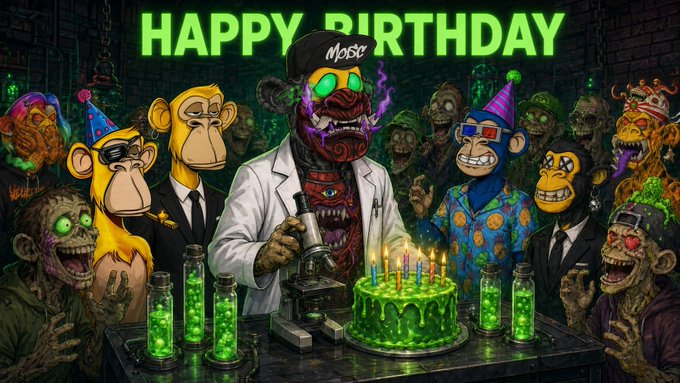 A vibrant, stylized digital artwork displays "HAPPY BIRTHDAY" in glowing green text above a gruesome cartoon scene where a monstrous figure in a lab coat tends to a green birthday cake, surrounded by various distorted monkey-like characters wearing party hats.
