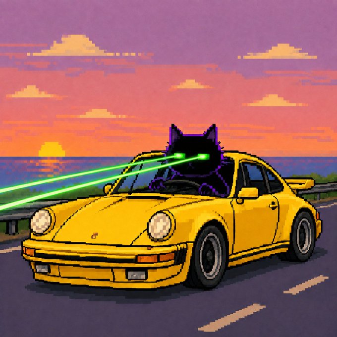 A pixel art scene shows a black cat with glowing green laser eyes driving a yellow Porsche along a coastal highway at sunset. The playful, retro-style image pairs with the caption's hype about an upcoming launch, framing the announcement with a fun "lasers" reveal as the cat blazes down the road.