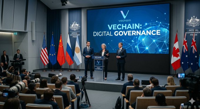 A press conference displays "VECHAIN: DIGITAL GOVERNANCE" on a large screen behind three speakers at a podium, with flags of various countries including the U.S., EU, China, Russia, Argentina, Canada, Australia, and the U.K. lining the stage as journalists photograph the event, visually reinforcing the post's message about VeChain's global role in government blockchain adoption.