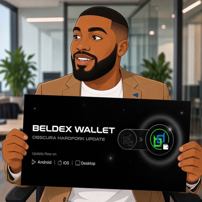 An illustrated man in a tan blazer smiles while holding a promotional sign reading "BELDEX WALLET — OBSCURA HARDFORK UPDATE," with instructions to download on Android, iOS, and Desktop, visually reinforcing the announcement of the Beldex wallet's new release tied to the Obscura network hardfork.