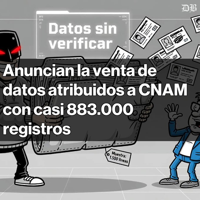 An illustration showing a hooded figure holding a folder labeled 'Datos sin verificar' and 'Muestra: 1.500 líneas', with Spanish text 'Anuncian la venta de datos atribuidos a CNAM con casi 883.000 registros' overlaid.