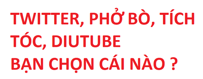 Red Vietnamese text on a white background asking which to choose: 'TWITTER, PHỞ BÒ, TÍCH TÚC, DIUTUBE - BẠN CHỌN CÁI NÀO?'