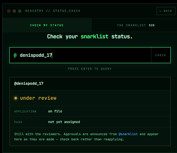 A dark-themed status check interface titled "REGISTRY // STATUS_CHECK" showing a search for "denispodd_17" with a result of "under review" and "on file" application status.