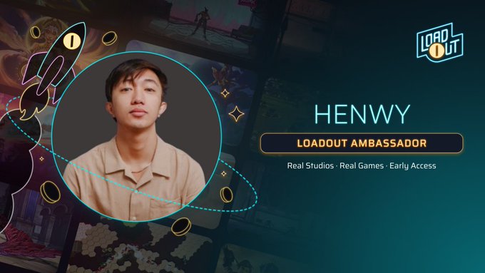 A promotional banner introducing 'HENWY' as a LOADOUT AMBASSADOR for the gaming platform Loadout, with the tagline 'Real Studios · Real Games · Early Access' and a portrait photo of a young man.