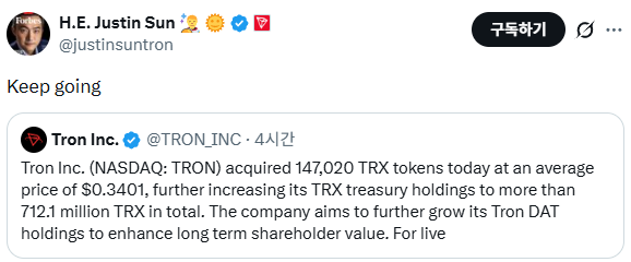 Justin Sun ("H.E. Justin Sun") quotes a post from Tron Inc. (@TRON_INC) announcing the acquisition of 147,020 TRX tokens at an average price of $0.3401, bringing total TRX treasury holdings above 712.1 million, captioned with a simple "Keep going."