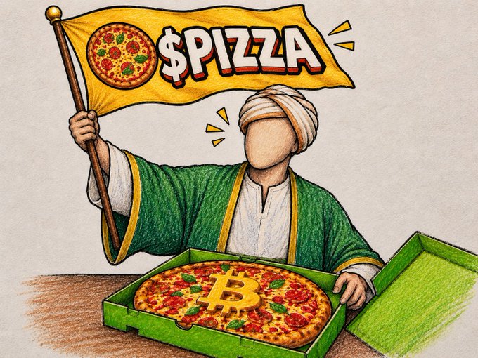An illustration of a faceless man in green and white traditional robes holding a yellow flag reading '$PIZZA' with a pizza logo, standing behind a pizza topped with a Bitcoin symbol in an open green box.