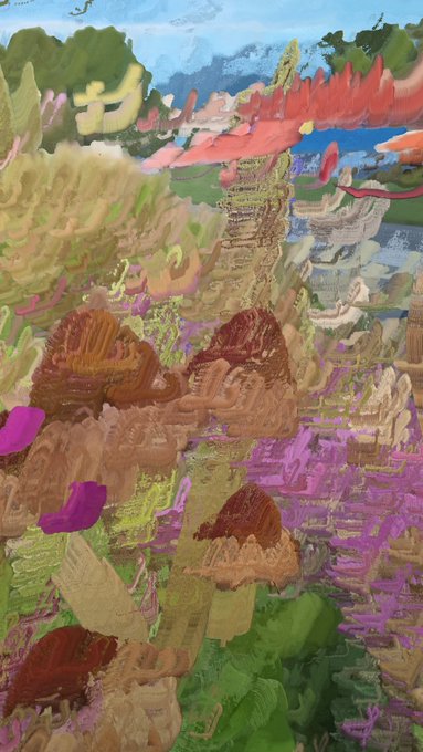 An impressionistic oil painting depicts a vibrant landscape featuring a tower structure, figures with brown hair, and bright patches of pink, green, and blue, rendered with thick, expressive brushstrokes.