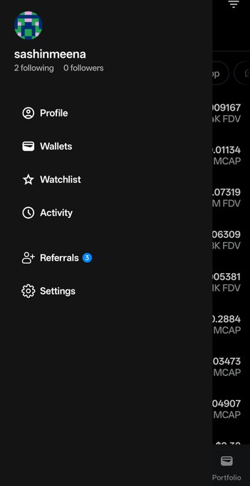 A dark mobile app menu screen displays the username "sashimeena" with navigation options including Wallets, Watchlist, Activity, Referrals, and Settings.