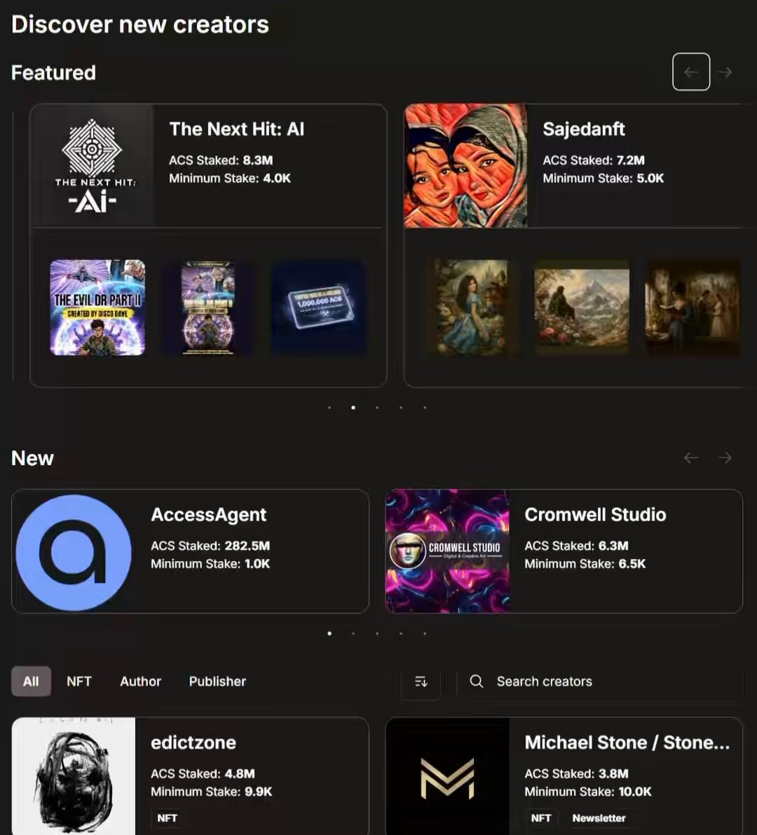 The image shows a page from an online marketplace for artists and creators showcasing their work. There are several featured creators displayed with their artwork or writing, along with details about their profiles and the rewards they offer. The focus of the image is on the featured creators, highlighting their talents and the opportunities available through this platform to support and promote them.