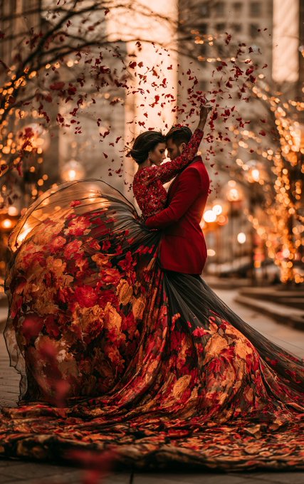 A couple embraces in a dramatic, cinematic scene, with the woman wearing a flowing red gown adorned with autumn leaves that swirl dramatically around them against a bokeh-lit urban backdrop. The romantic, fairy-tale imagery complements the post's "QT Love" (cutie love) tag, evoking a sense of passionate devotion and magical connection.