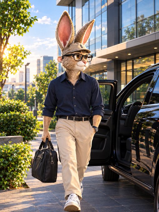 A stylish anthropomorphic rabbit wearing glasses, a flat cap, navy shirt, and khakis steps out of a sleek black car while carrying a briefcase, projecting a polished, executive vibe. The image ties to the "gm 𝕏" post by presenting a put-together, confident "good morning" mood—blending whimsy with professionalism to greet the day.