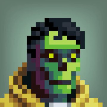 A pixel art portrait of a green-skinned character with dark hair and yellow clothing against a green background.