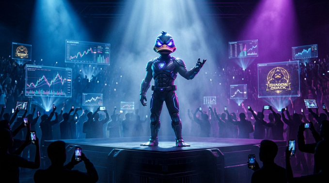 A "Shadow Coach" character performs on a neon-lit stage surrounded by cheering fans and floating trading charts, visually representing the crypto trading community referenced in the post's tags to @solana, @Pumpfun, and @blknoiz06.