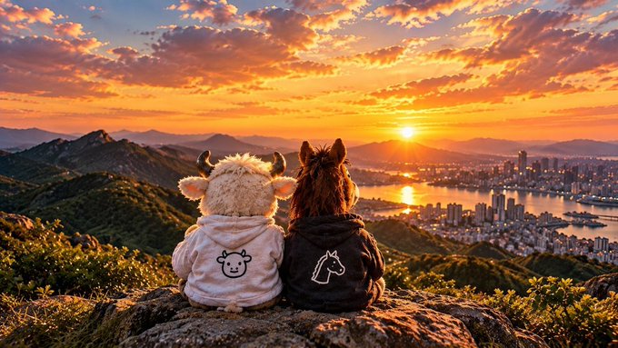 An AI-generated or edited image showing two children in cow and horse hoodies sitting on a rocky cliff, watching a vibrant sunset over a coastal city.