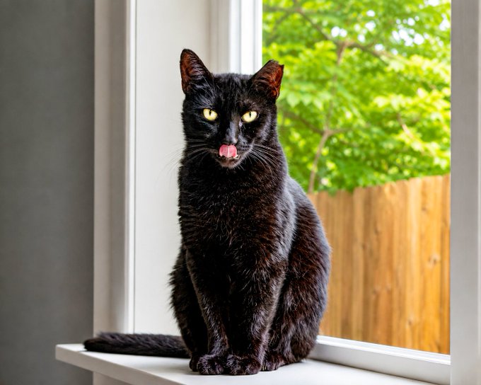 A black cat sitting on a windowsill with its tongue sticking out, looking at the camera with green foliage and a wooden fence visible through the window.