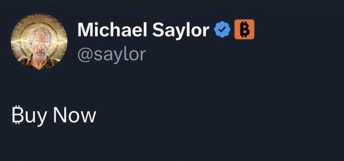 A social media post by Michael Saylor (@saylor) with a Bitcoin logo displays the text 'Buy Now'.
