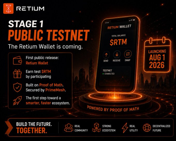 Retium promotional graphic announcing the Stage 1 Public Testnet launch on August 1, 2026, featuring the Retium Wallet with $RTM token, built on Proof of Math and secured by PrimeMesh.