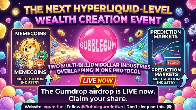 The image features a poster advertising a new trading system called "Bubblegum" which allows users to trade two memecos at once, combining the popularity of Bubble gum with the profitability of meme coins. This system has been developed in response to the rise of meme coins and their overwhelming popularity among internet meme enthusiasts. Users can now engage in this new trading protocol by clicking on the relevant image or text in the corner, and follow the instructions to learn more about how it works and how they could benefit from this innovative solution.