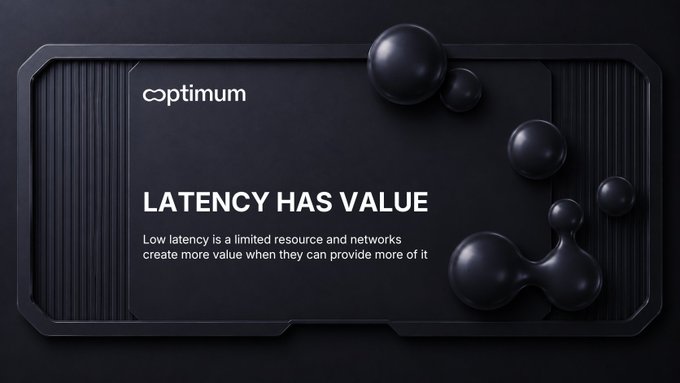 A dark promotional graphic for "optimum" featuring 3D black spheres and the text "LATENCY HAS VALUE" along with the message that low latency is a limited resource and networks create more value when they can provide more of it.