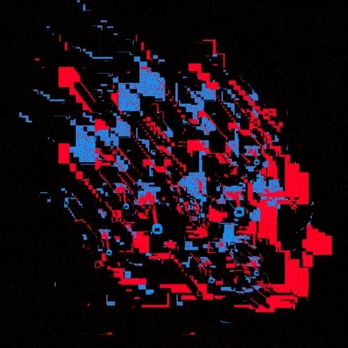 A pixelated glitch-art sphere composed of red and blue blocks against a black background.