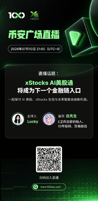 A promotional graphic for a July 10, 2026 (21:00 UTC+8) Binance Square live stream hosted by 100X and xStocks, featuring host Lucky and guest Mr. Bai (E official partner, 10 years of research and trading experience), discussing whether "xStocks AI US Stock Pass will become the next financial chain gateway," with a QR code and the website www.100xex.com for joining the stream.