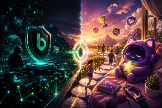 A split-screen digital illustration contrasting a dark, network-filled cyber landscape with a bright, futuristic gaming scene, featuring a green shield with a 'b' logo on the left and a purple cat-like character holding a star on the right.