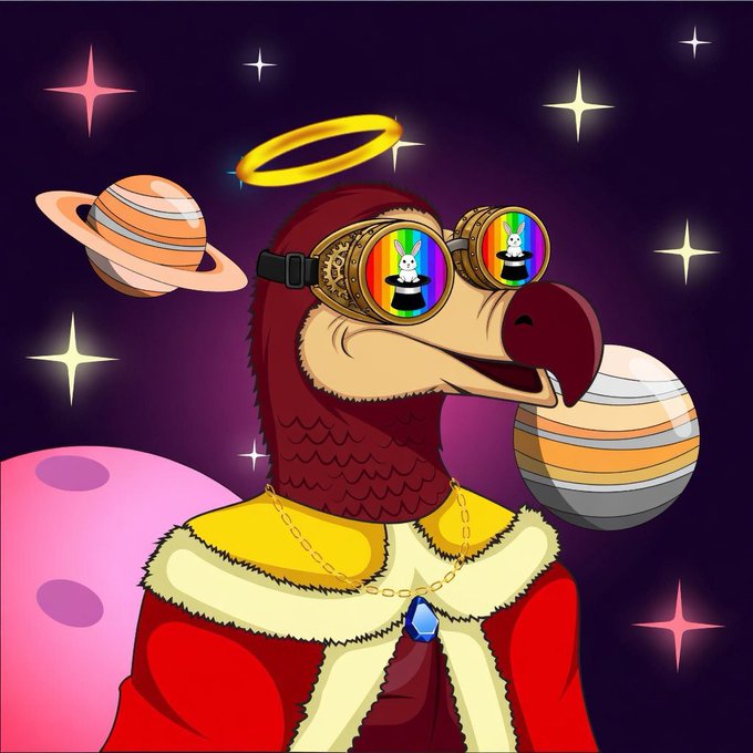The image features a cartoon character dressed as a king or queen wearing a red robe, gold chain, and a crown with a halo. The character appears to be standing against a backdrop of planets and stars, suggesting that they are in outer space. The caption reads "GMIM, Do you believe in magic? Do you believe in what we're building?" which implies the image is related to a post about magic or the idea of creating something magical using the characters from the cartoon.