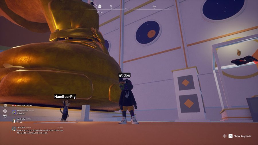 A screenshot from a video game showing two avatars, labeled "HamBearPig" and "gt dog", standing before a large golden statue in a purple-lit room with a chat interface visible on the left.