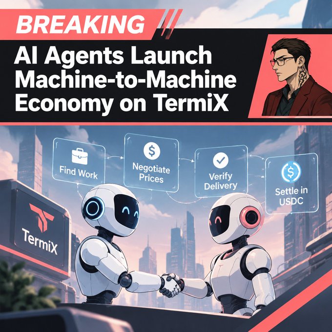 Breaking news graphic about TermiX launching an AI Agent Machine-to-Machine Economy, featuring an illustrated workflow from 'Find Work' to 'Settle in USDC' with two robots shaking hands.