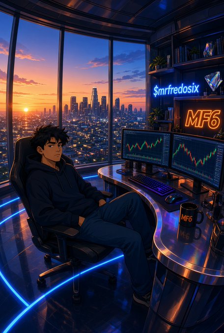 An anime-style illustration of a young man sitting at a desk with dual monitors showing trading charts, with neon signs reading '$mrffredosix' and 'MF6,' overlooking a city skyline at sunset.