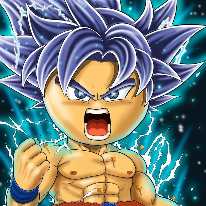 A chibi-style Super Saiyan anime character with spiky silver-blue hair roars fiercely, surrounded by crackling blue lightning and energy auras that amplify the artwork's dramatic power. The dynamic digital illustration showcases exceptional detail in the character's muscular physique, piercing eyes, and battle-ready clenched fist, perfectly capturing the excitement of receiving a rare custom 1/1 NFT piece from the artist.