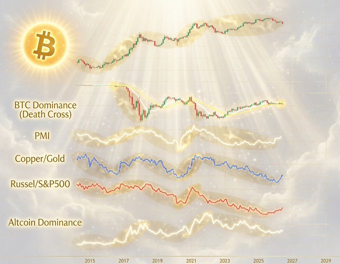 A sky-themed financial chart displays a Bitcoin logo alongside candlestick price action and four overlaid indicators labeled "BTC Dominance (Death Cross)," "PMI," "Copper/Gold," "Russel/S&P500," and "Altcoin Dominance," plotted across a timeline from 2015 to 2029, illustrating the historical macro-risk bear market periods (2014-2016, 2018-2020, 2022-2026) during which crypto underperformed.