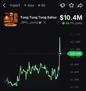 A price chart for the token "Tung Tung Tung Sahur" (ticker $TripleT) shows a value of $10.4M, up 44.7% in 24 hours, with a sharp green spike on the right side of the chart reflecting the post's claim of a 45% pump.