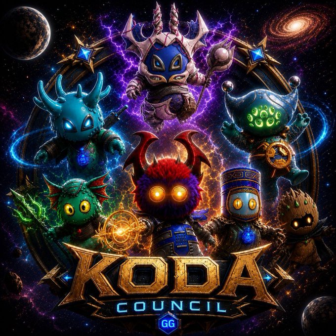 A colorful fantasy promotional artwork for 'KODA COUNCIL' featuring various monster and creature characters set against a cosmic space background with lightning effects.