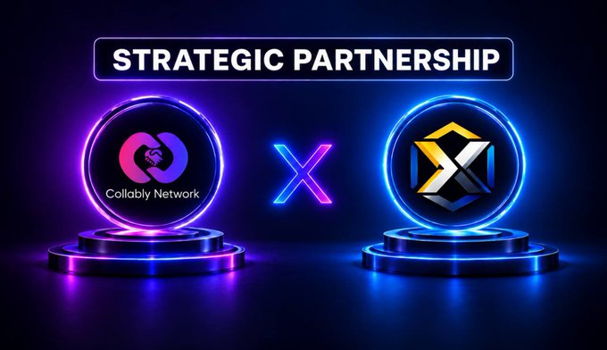 A neon-styled graphic announces a 'STRATEGIC PARTNERSHIP' between 'Collablly Network' and an unnamed entity with an X-shaped logo.